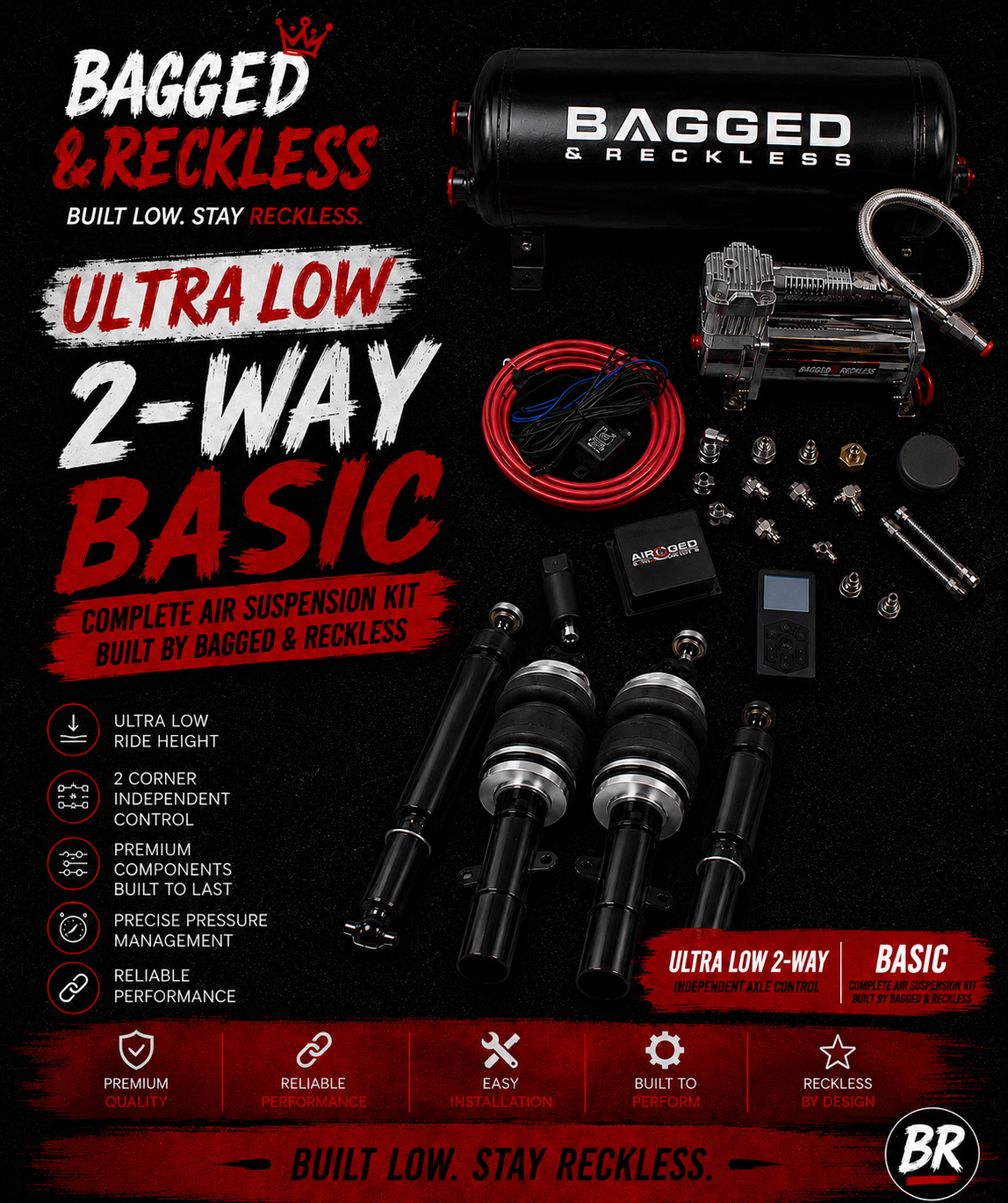 Bagged & Reckless Ultra Low 2-Way Basic Digital Air Suspension Kit for Volkswagen Golf MK7 2012-2020 (FWD)