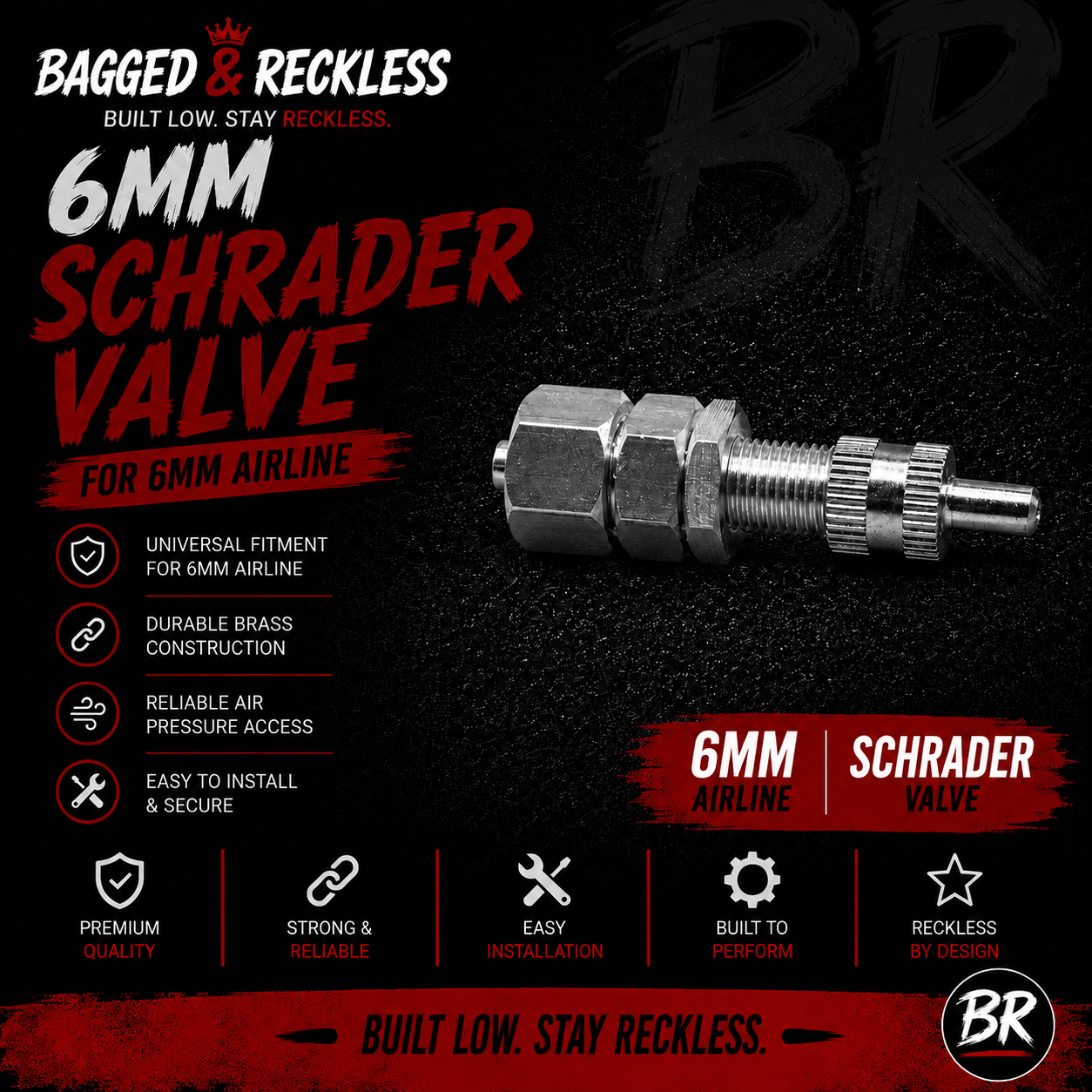 Bagged & Reckless 6mm Schrader Valve – Air Suspension Inflation Valve for 6mm Airline