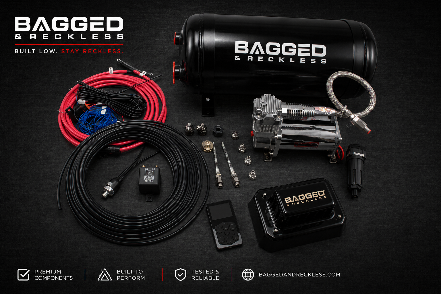 Bagged & Reckless Premium Digital 4-Way Air Suspension Management Kit – App Control, Tank & Compressor