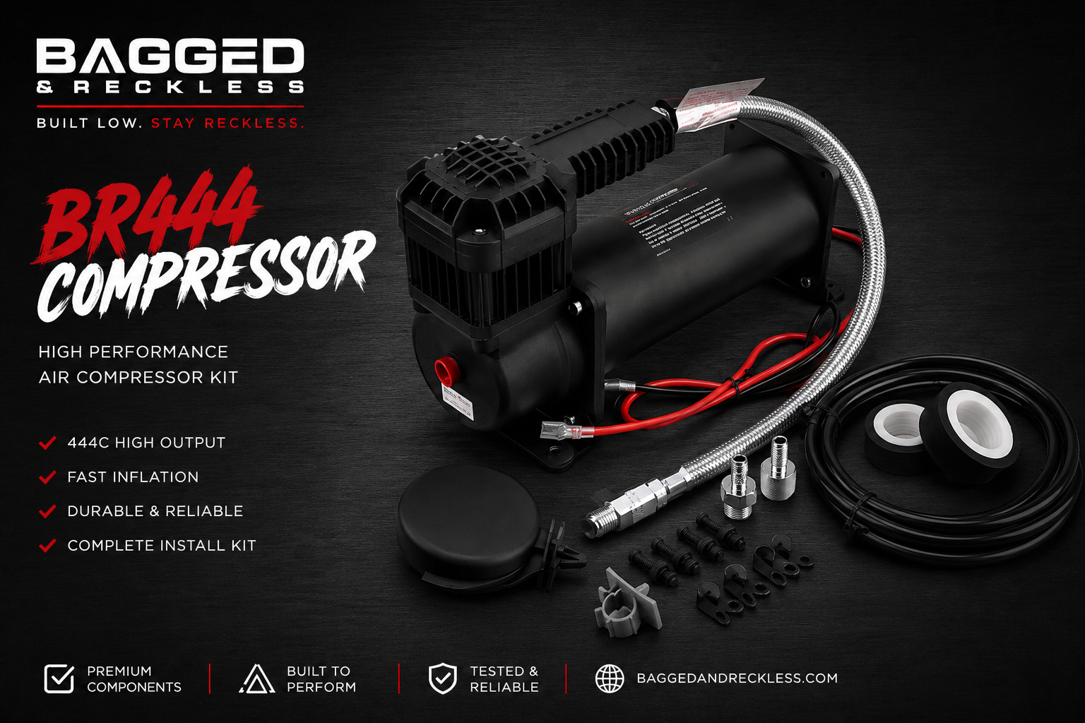 Bagged & Reckless BR444 High Output 12V Air Suspension Compressor Kit – 200 PSI – 100% Duty Cycle
