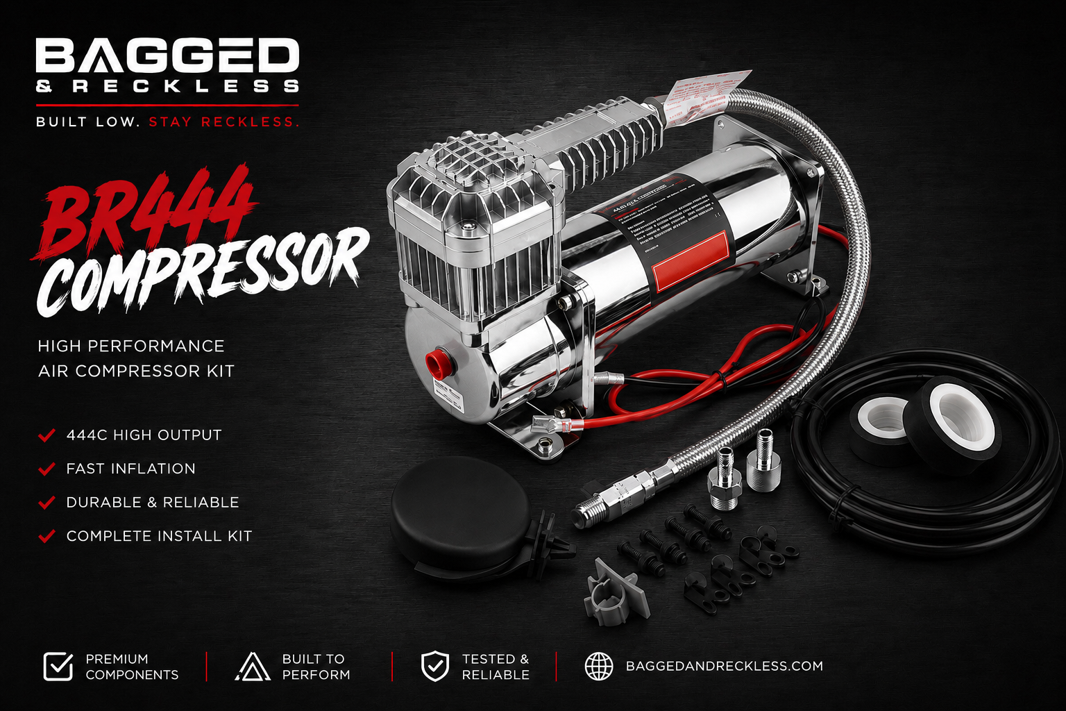 Bagged & Reckless BR444 - CHROME High Output 12V Air Suspension Compressor Kit – 200 PSI – 100% Duty Cycle