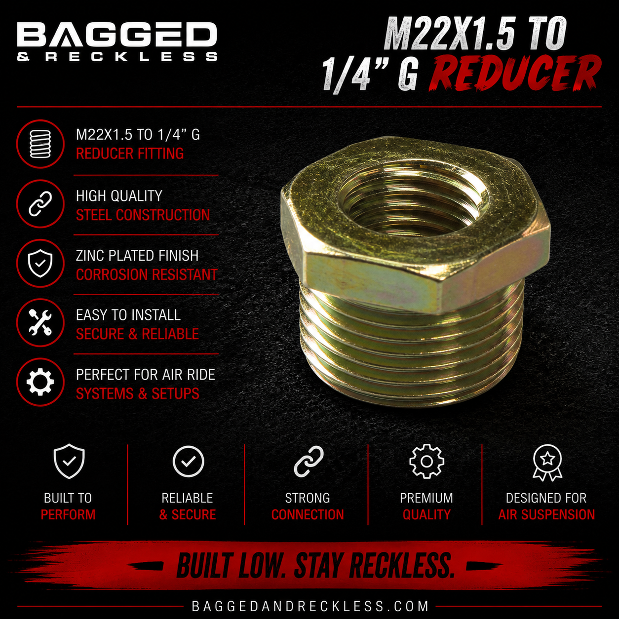 Bagged & Reckless M22x1.5 to 1/4” BSPP Reducer – Air Suspension Tank Adaptor