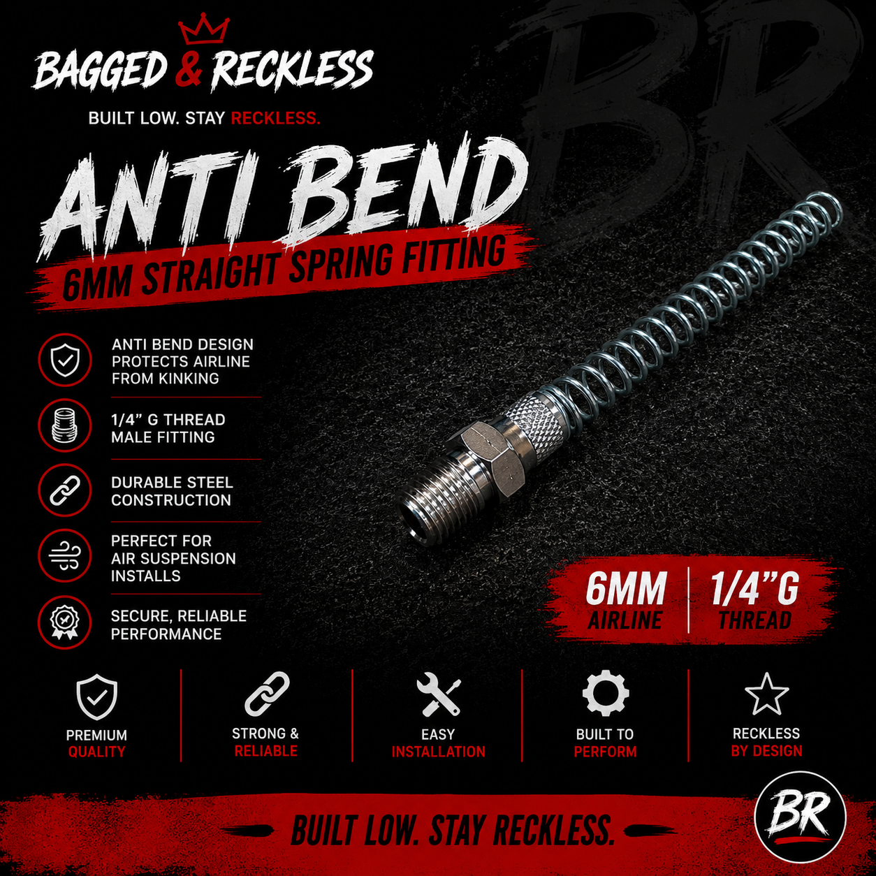 Bagged & Reckless Anti-Bend Spring Fitting – 1/4”G Male Thread x 6mm Airline